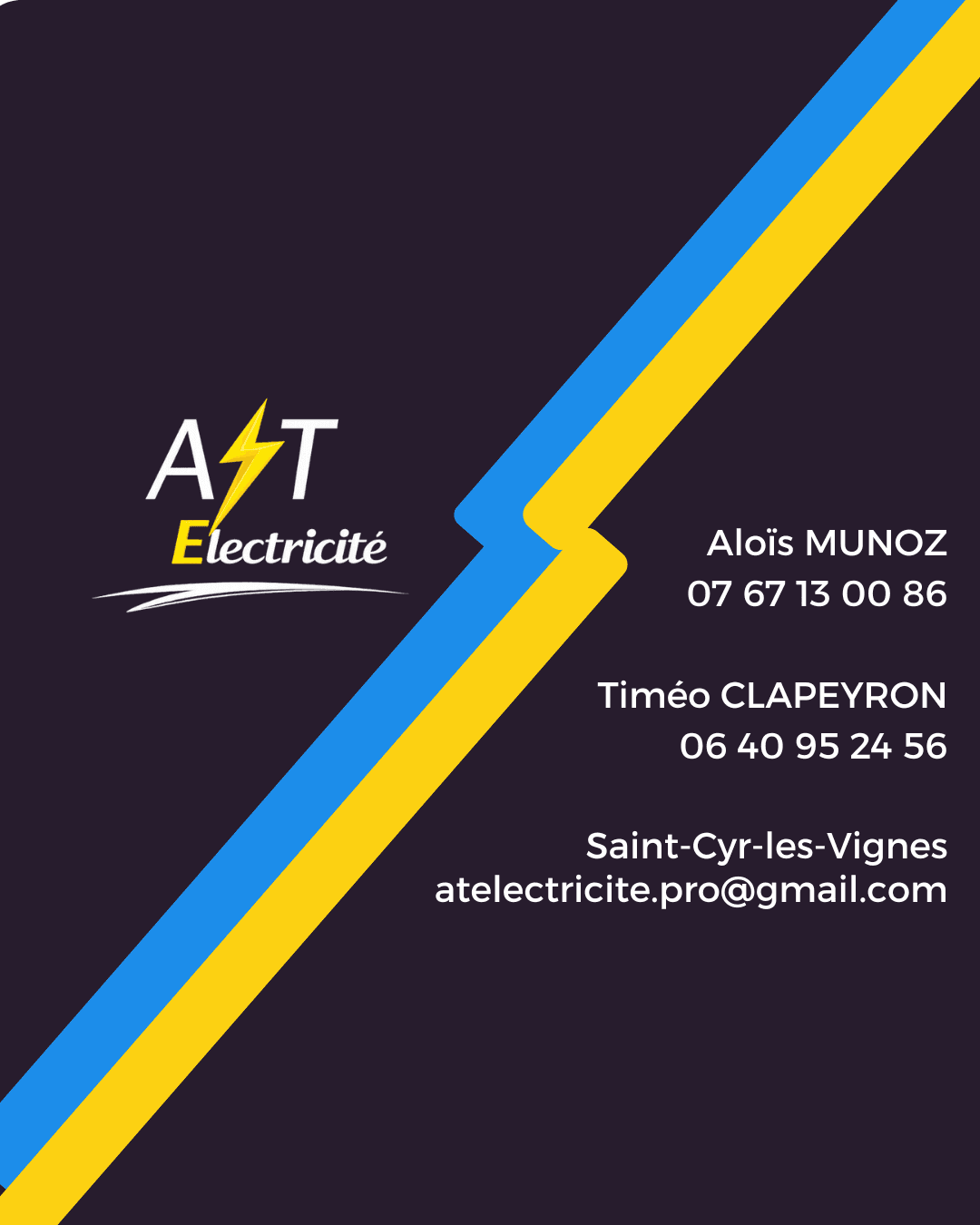 Carte AT Electricité avec contacts d'Aloïs Munoz, Timéo Clapeyron et un éclair bicolore.