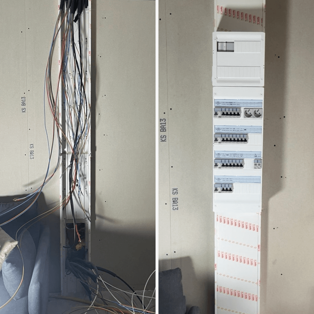 Tableau électrique avant et après : fils désordonnés transformés en une installation propre.
