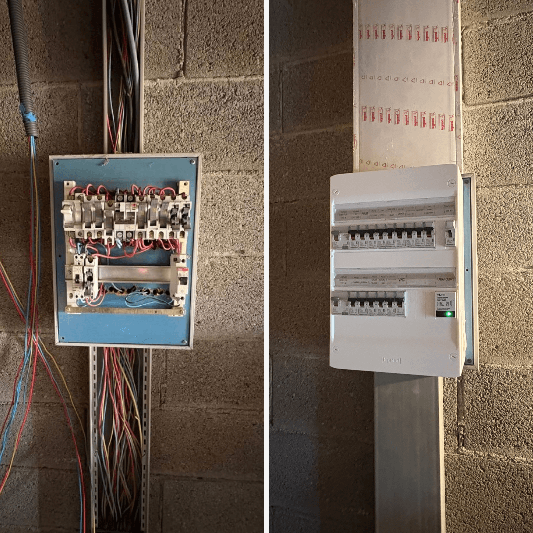 Ancien tableau électrique désordonné remplacé par un nouveau coffret Legrand moderne, propre et sécurisé.
