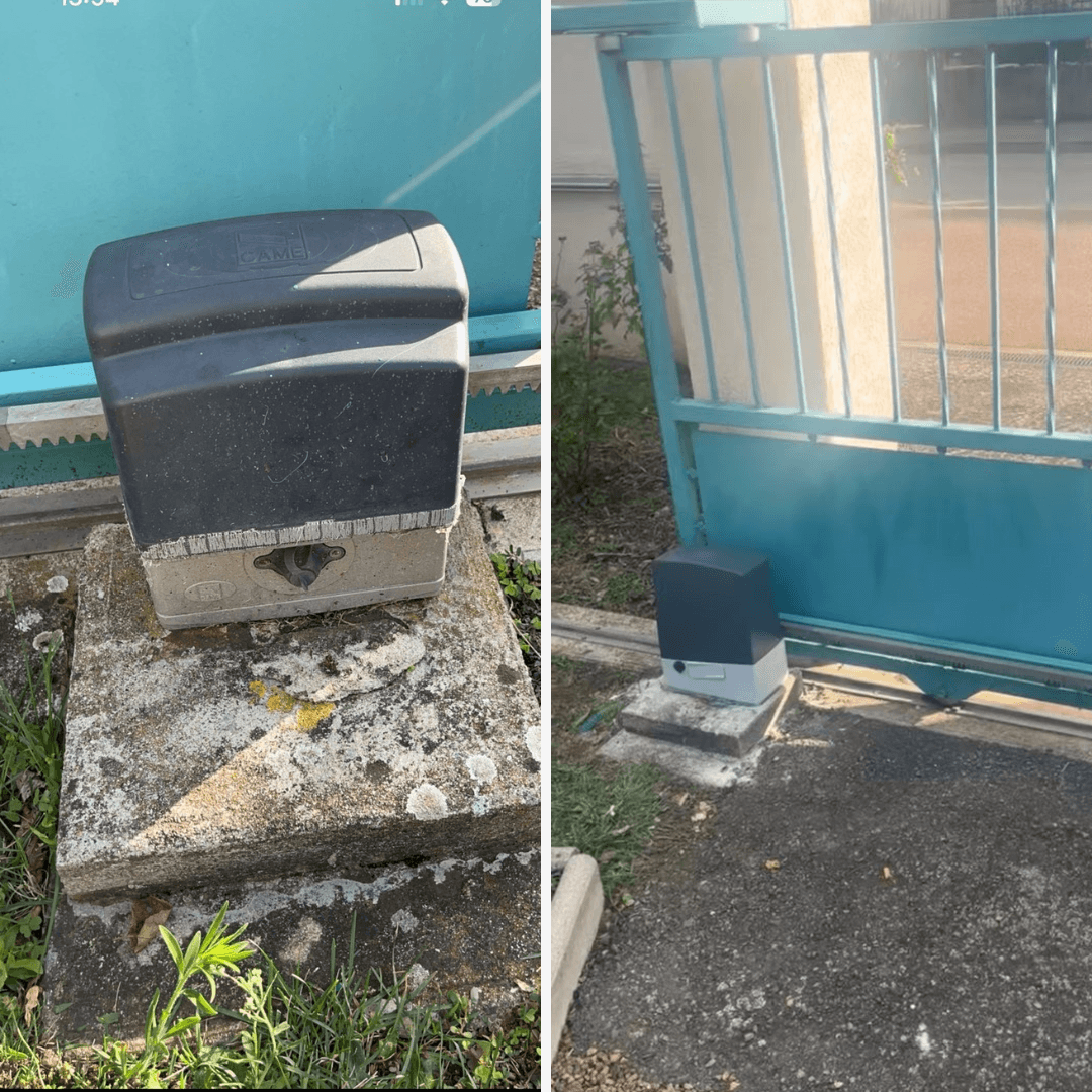Vieux moteur de portail coulissant CAME remplacé par un nouveau boîtier gris et blanc.